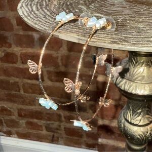 Gold and Pearlized Turquoise Butterfly Hoop Earrings